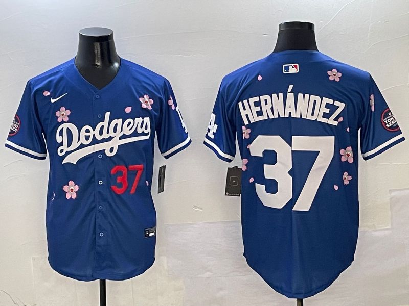 Men Los Angeles Dodgers 37 Hernandez Blue Sakura Edition 2025 Nike MLB Jersey style 3